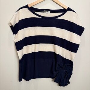Cortland Park XS Navy White 100% Cashmere Striped Wide Shoulder Top Bow Nautical
